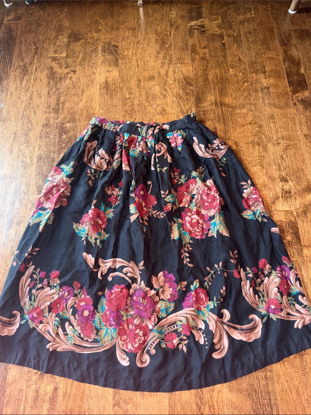 Vintage Russ Black A-Line Skirt with Pink and Teal Floral Print